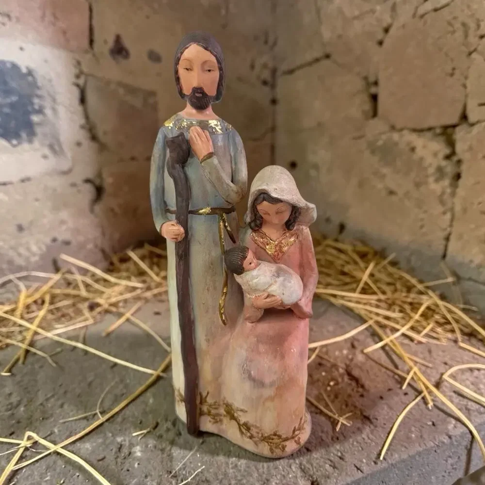 Holy Family Nativity Christmas Figure 9.5” Tall Red Clay Pottery Pastel & Gold